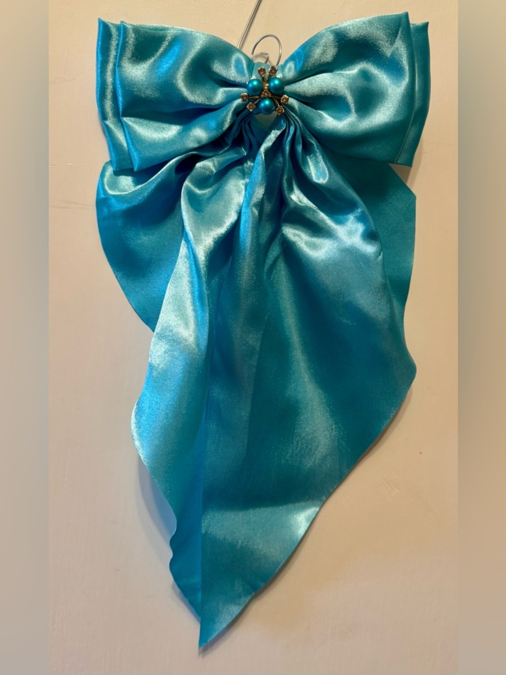 Satin Bow with Long Tails: Turquoise with Jewel Accent Hair Clip